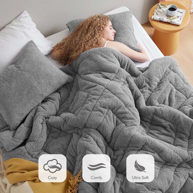 Chelsea Square Kyla Double Diamond Quilted Teddy Comforter Set - Gray - Twin