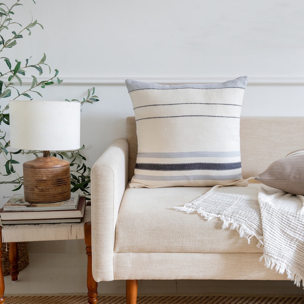 Sevita Ivory/Gray Striped Cotton Throw Pillow