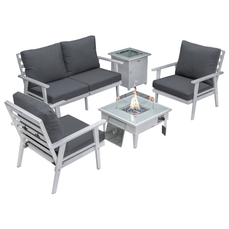 Walbrooke Polyester Upholstered Aluminum Powder Coated Outdoor Patio Furniture Set with Fire Pit Table - Charcoal