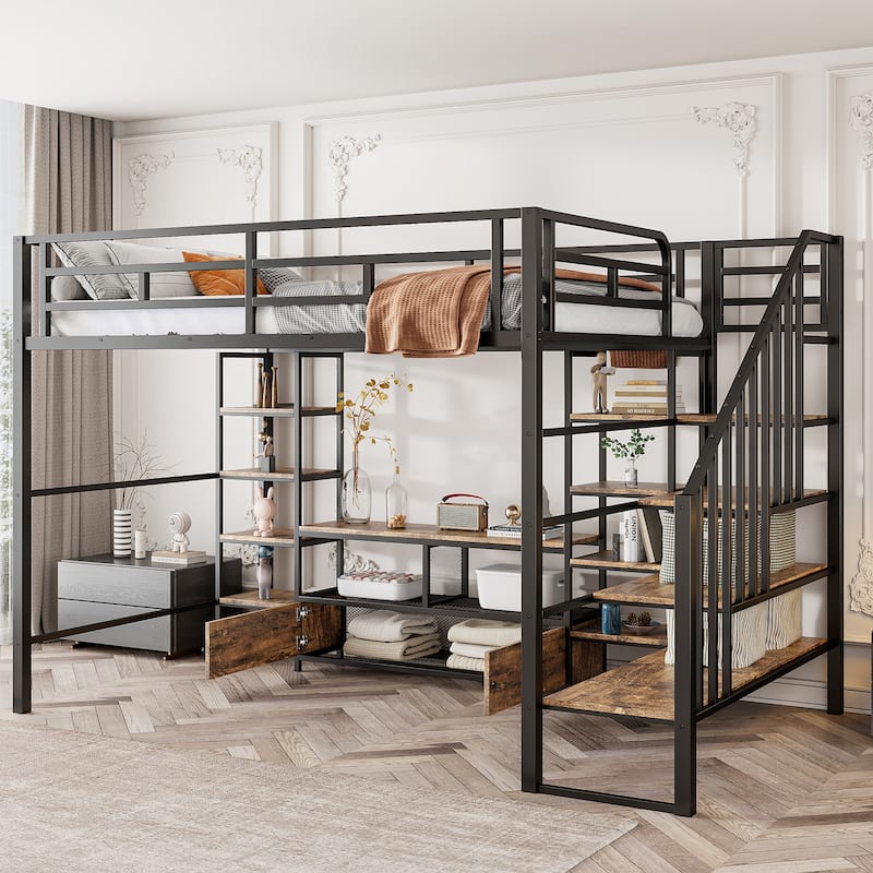 Full Size Metal Loft Bed with Staircase, Low Storage Table and Storage Shelves, Black - Black