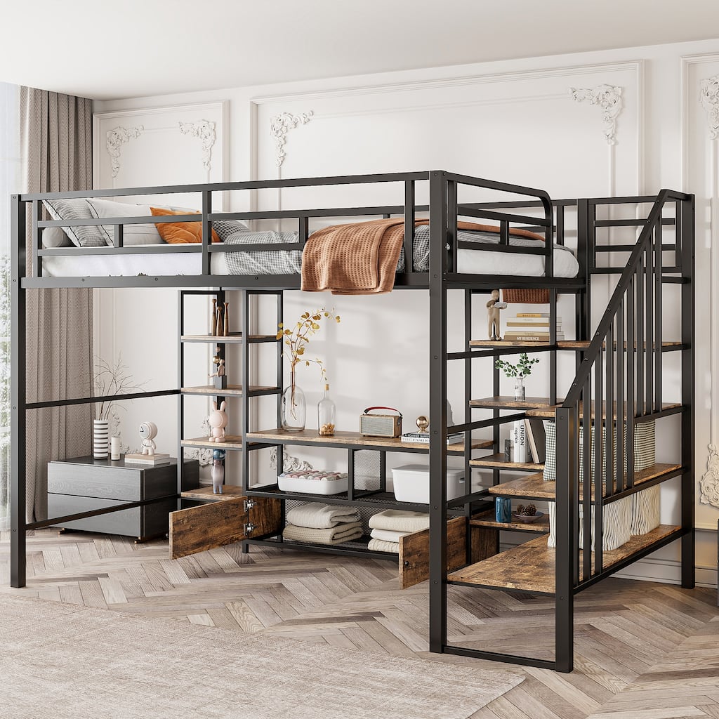 Full Size Metal Loft Bed with Staircase, Storage Table, and Shelves, Black