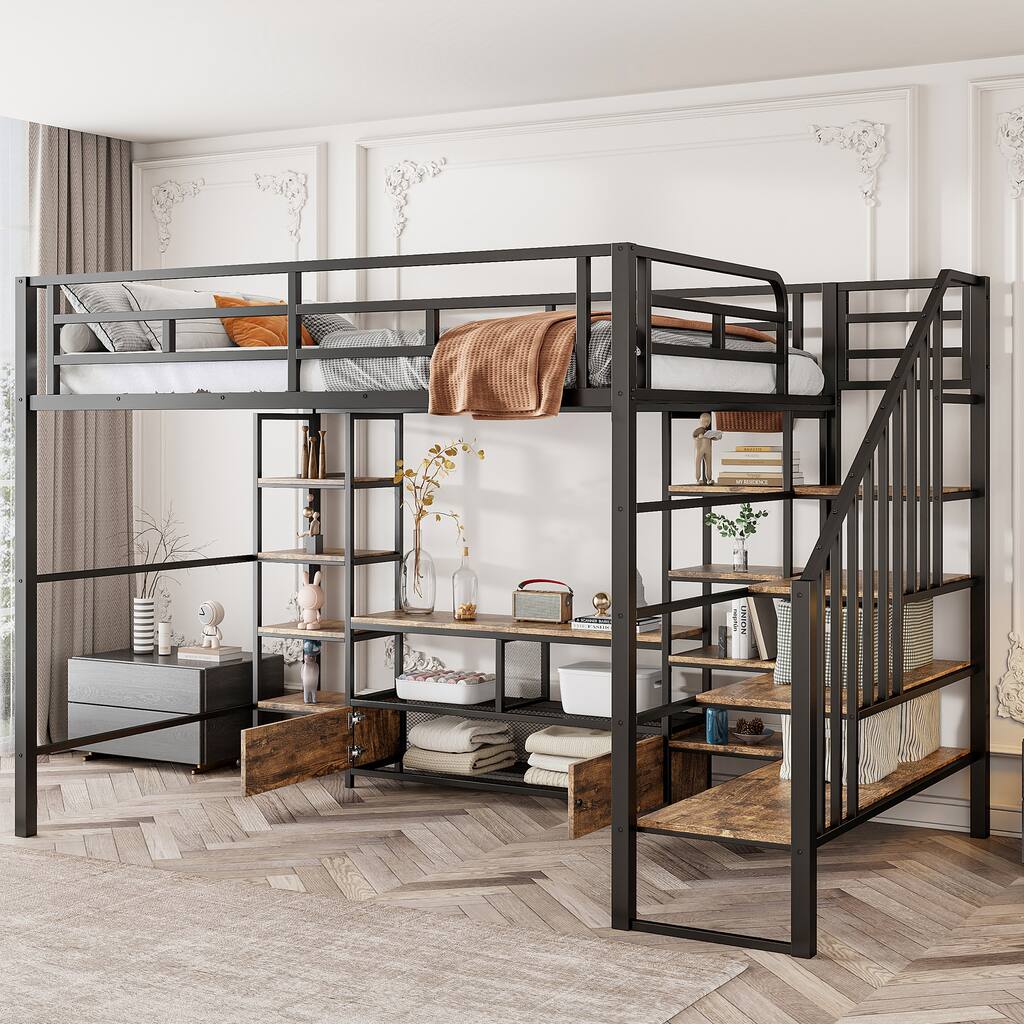 Full Size Metal Loft Bed with Staircase Low Storage Table and Shelves