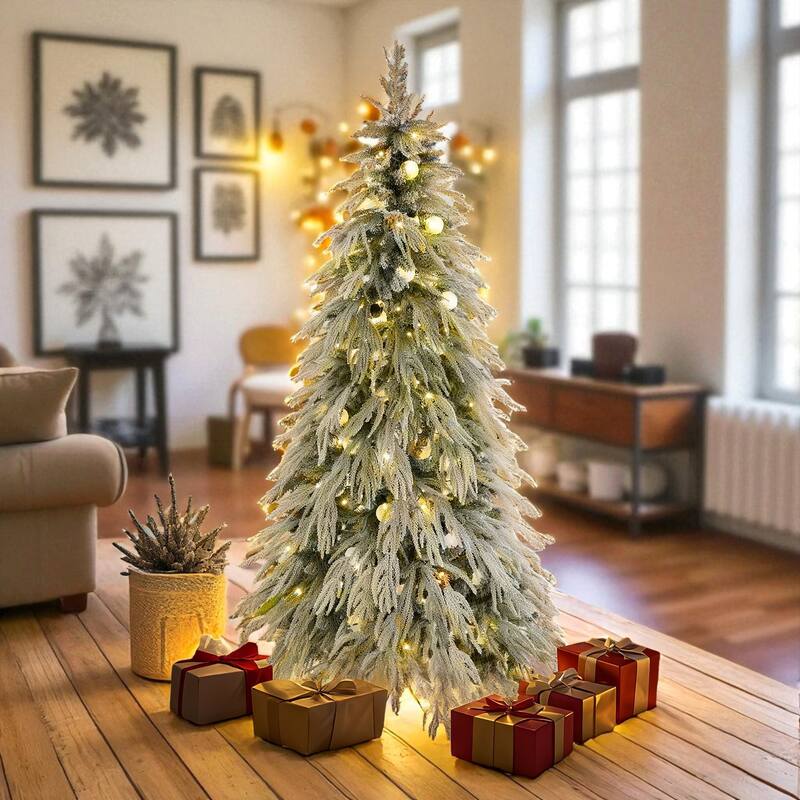 6FT Pre-Lit Snow Flocked Christmas Tree with Warm LED Lights, Artificial Hinged Spruce Holiday Décor