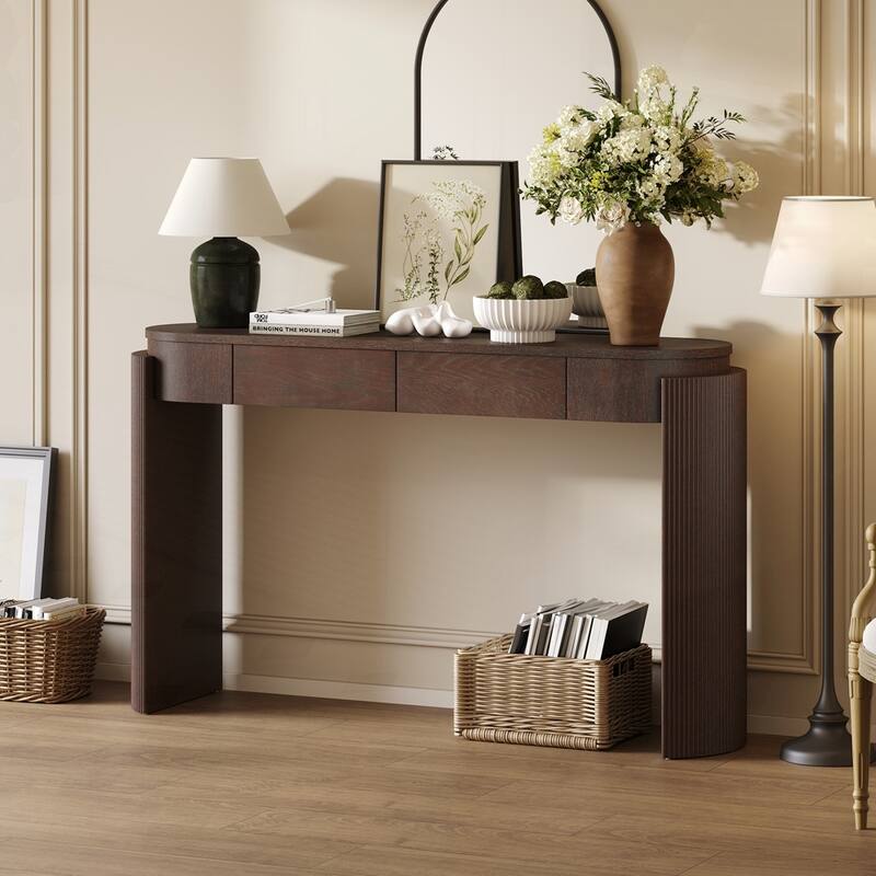 Oval Top and 2 Drawers Entryway Table with Natural Wood Grain Finish