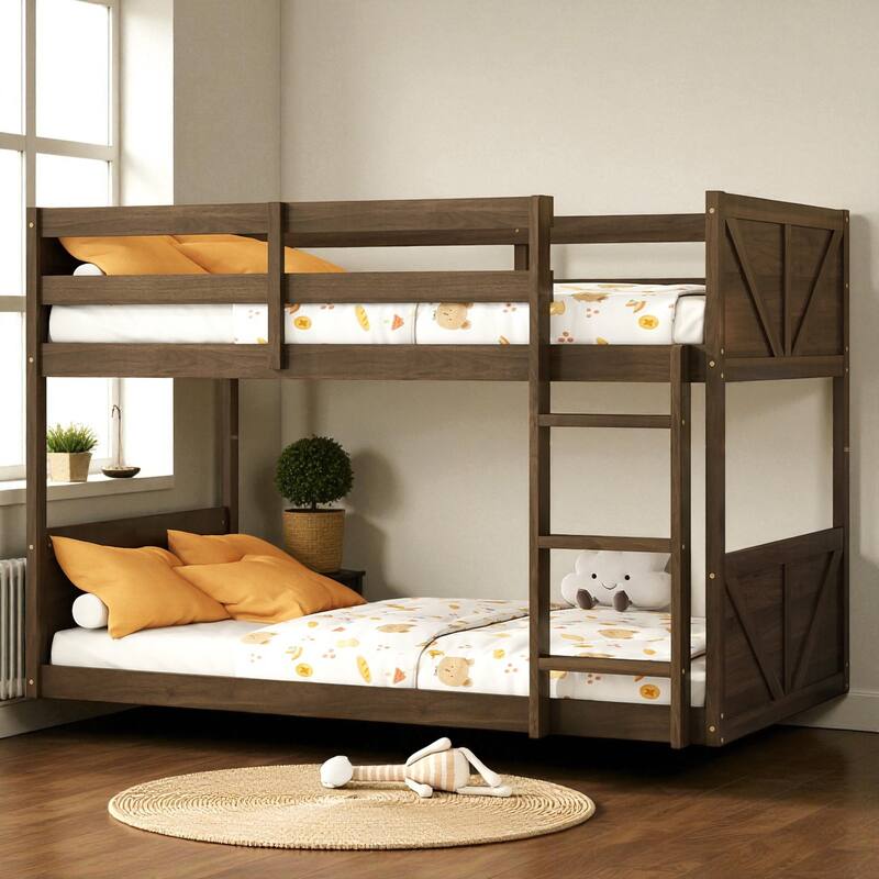 Twin Over Twin Floor Bunk Bed with Ladder and Guardrails, Solid Rubber Wood Frame with Panel Headboard and Footboard - Antique Dark Oak - Twin