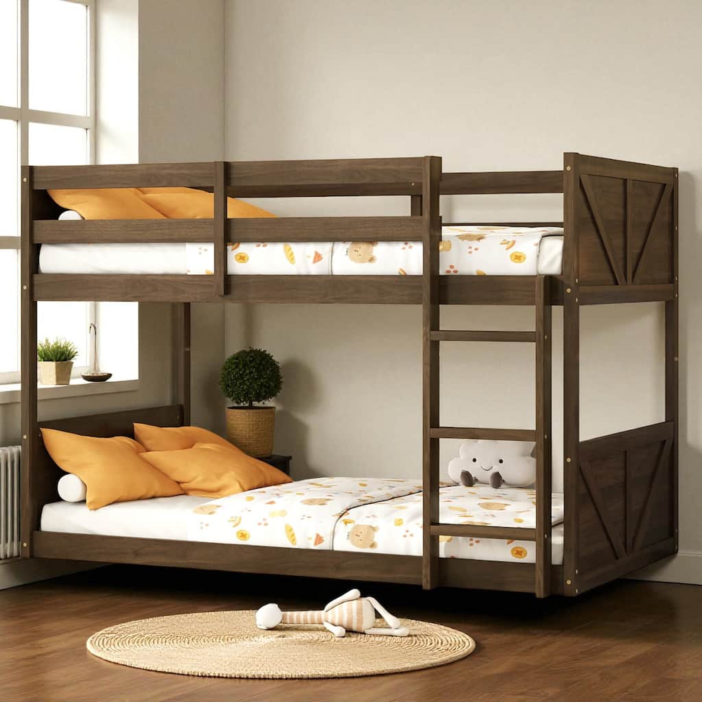 Twin Over Twin Floor Bunk Bed with Ladder and Guardrails, Solid Rubber Wood Frame with Panel Headboard and Footboard