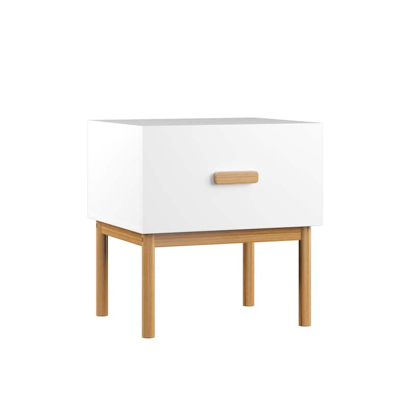 Anmytek Modern White Nightstand with Drawer Wood Legs Minimalist Bedside Table for Bedroom Living Room