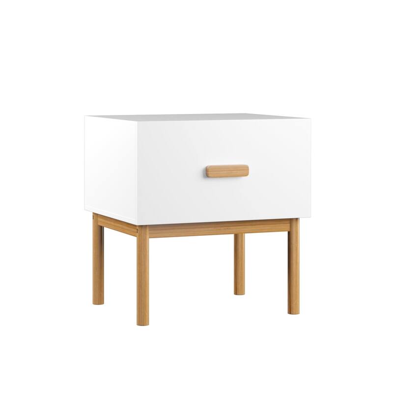 Modern White Nightstand with Drawer and Wood Legs, Minimalist Bedside Table with Handle for Bedroom, Living Room, Apartment