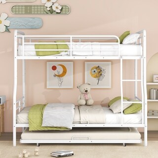 Full XL Over Queen Metal Bunk Bed w/Trundle, Safety Guardrails&Ladder