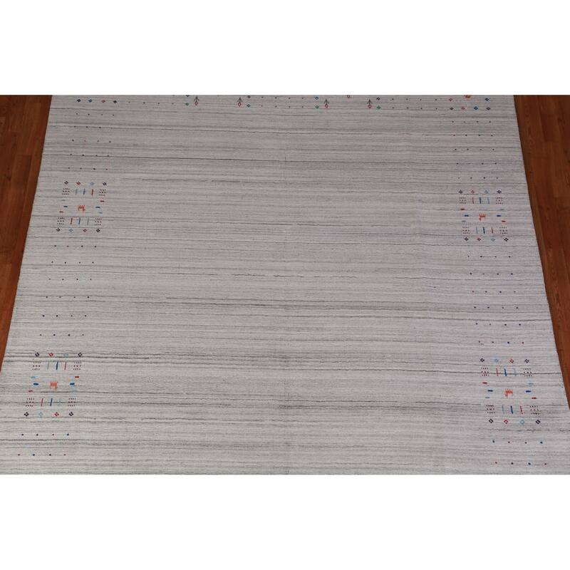 Silver Gray Gabbeh Indian Area Rug Handmade Striped Wool Carpet - 8'1" x 9'9"