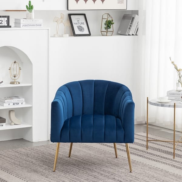 SEYNAR Modern Glam Velvet Accent Vanity Chair with Golden Metal Legs for Living Room - Navy