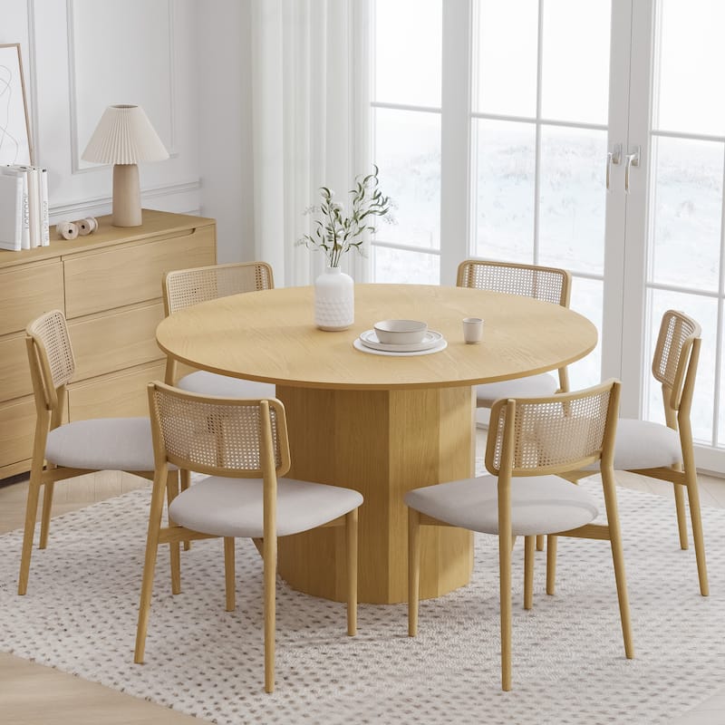 Solid Wood Round Dining Table Kitchen Table for 4-6 with Tabletop and Cylindrical Base for Living/Dining Room Coffee Office - Natural+Natural - 52 in.W x 30 in.H