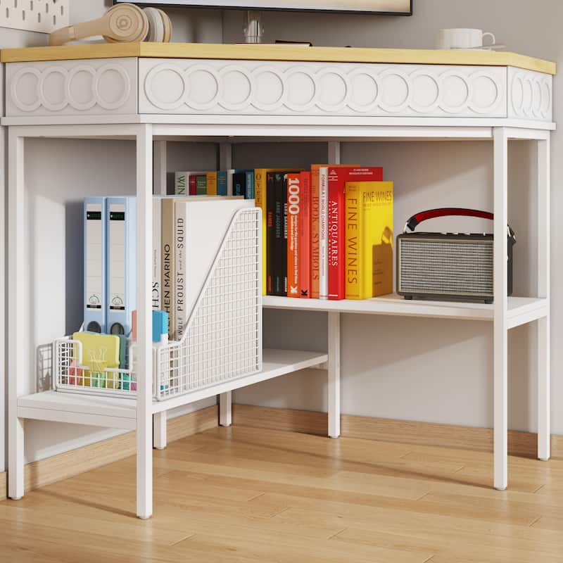 360° Rotating Corner Desk with Pull-Out Keyboard Tray – Small Space L-Shaped Computer Desk White & Oak