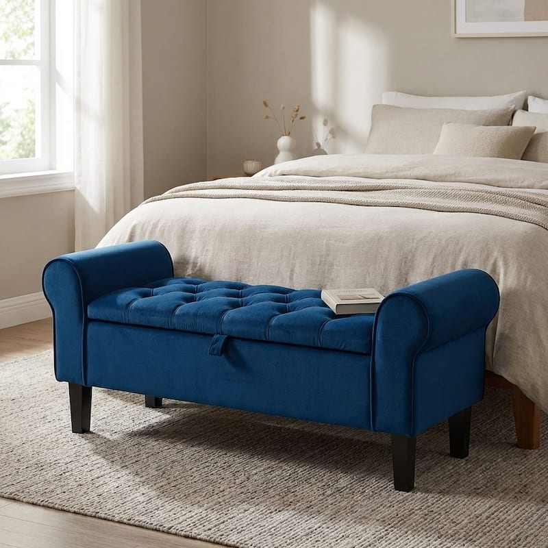 Upholstered Velvet Storage Ottoman Bench with Lift-Top Storage and Solid Rubberwood Legs - Navy