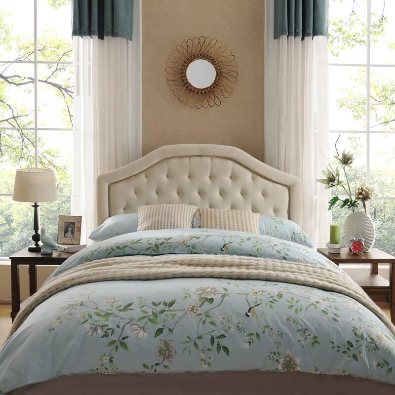 Tufted Upholstered Queen Size Headboard with Nailhead Trim and Adjustable Height