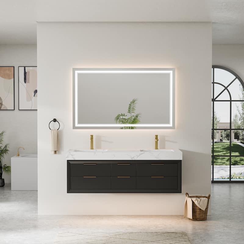 Modland 36/48/60 Inch Black Floating Bathroom Vanity with ETL LED Lights & Soft-Close Drawers, Waterproof Rubberwood
