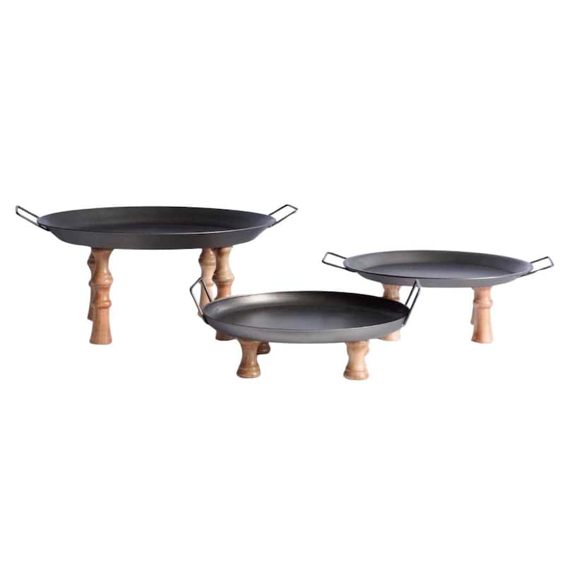 HomeRoots Set of Three Black And Brown Wood And Metal Round Riser Trays With Handles - 17.25 in. x 21.50 in. x 8.00 in.