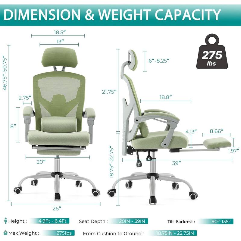Home Office Desk Chair with Footrest, High-Back Mesh Rolling Swivel Reclining Chairs, Comfortable Headrest, Lumbar Support