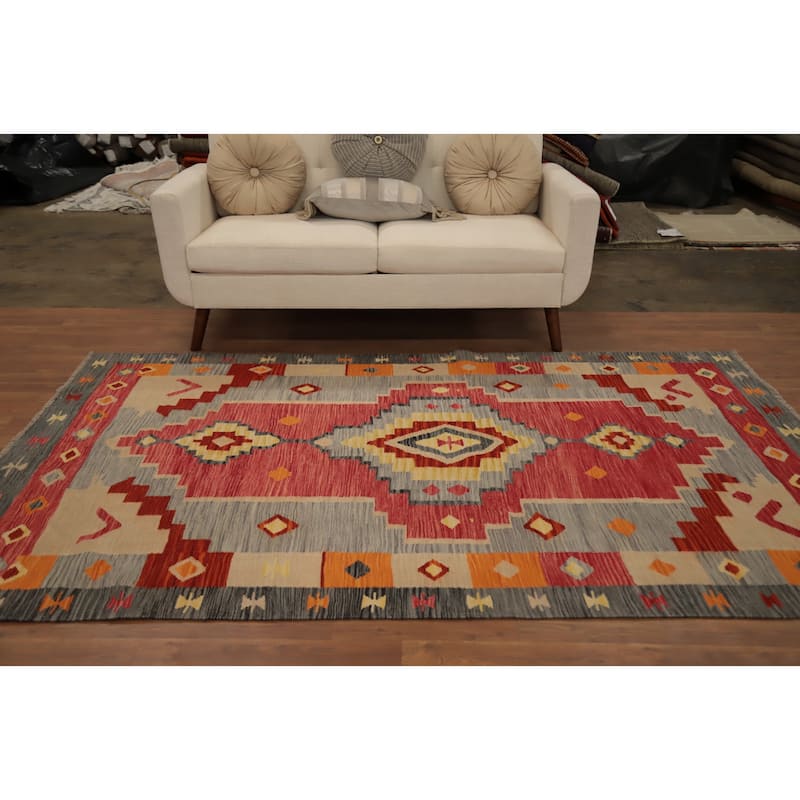 Hand Woven Oriental 100% Wool Carpet Southwestern Tribal Red Kilim Area Rug - 8' 2'' X 5' 1''