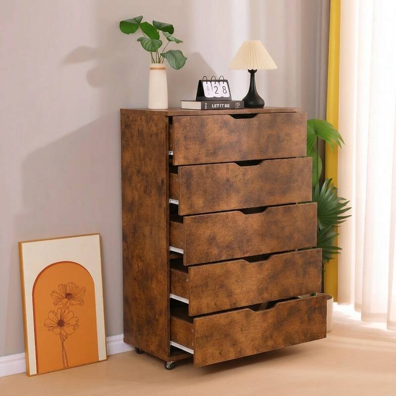 5 Drawer Dresser on Wheels Rustic Brown Rolling Chest of Drawers Storage Cabinet for Bedroom Closet, Wide Drawer Organizer