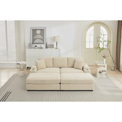 Combination Modular Convertible Sectional Sofa Bed Set in Beige Corduroy, 87x56x32 inches, with USB and Cup Holders
