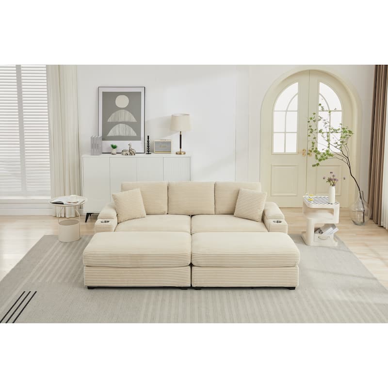 Modular Convertible Sectional Sofa with 2 Ottomans, 2 Seaters Corduroy Arms Couch, Loveseat Sofa with Cup Holders & USB Ports - Beige