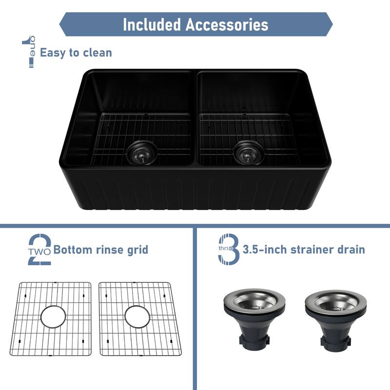 All-in-One Fireclay Striped Design Reversible Installation Double Bowl Farmhouse/Apron-Front Kitchen Sink with Kitchen Faucet