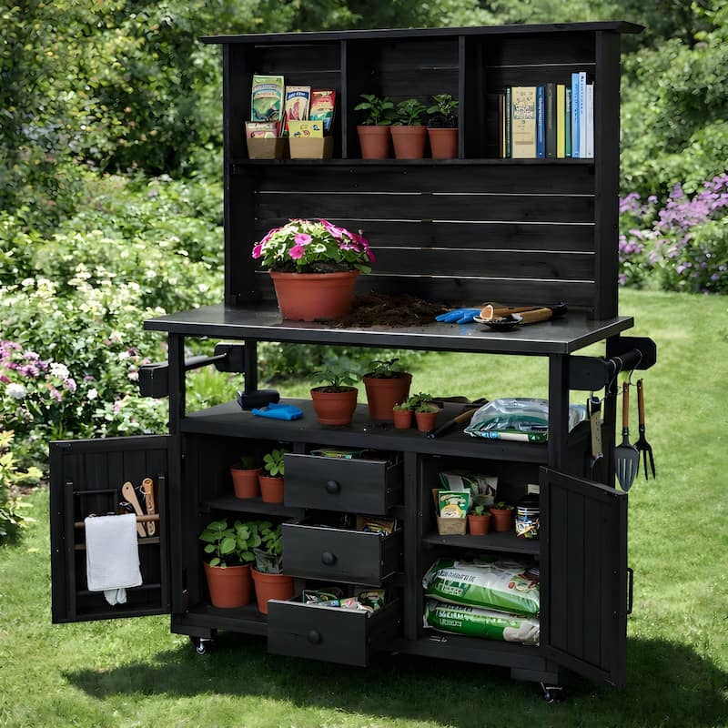65''H Outdoor Potting Bench Garden Storage Table w/Lockable Wheels, Drawers, Cabinets & Side Hooks - N/A