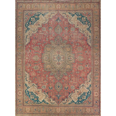 Pink Geometric Tabriz Persian Area Rug Hand-Knotted Wool Carpet - 9'7"x 12'7"