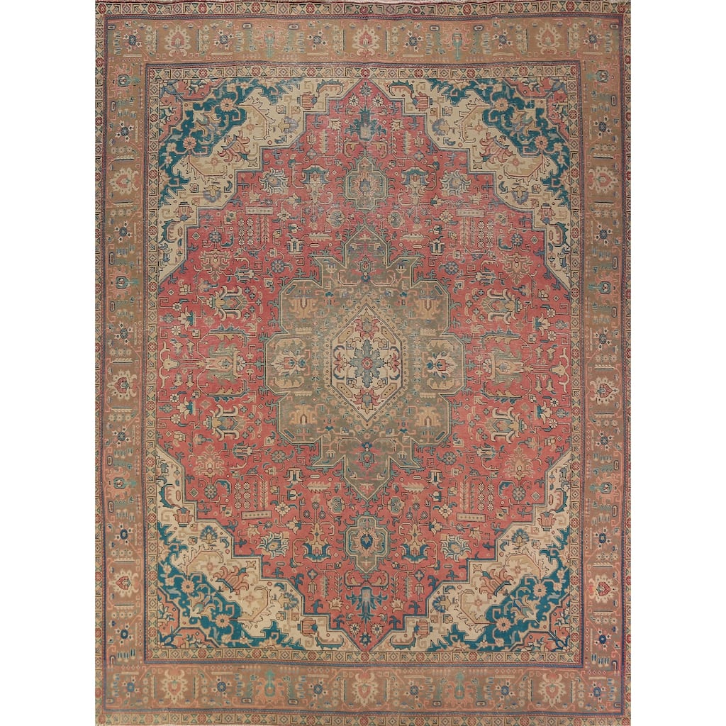 Pink Geometric Tabriz Persian Area Rug Hand-Knotted Wool Carpet - 9'7"x 12'7"