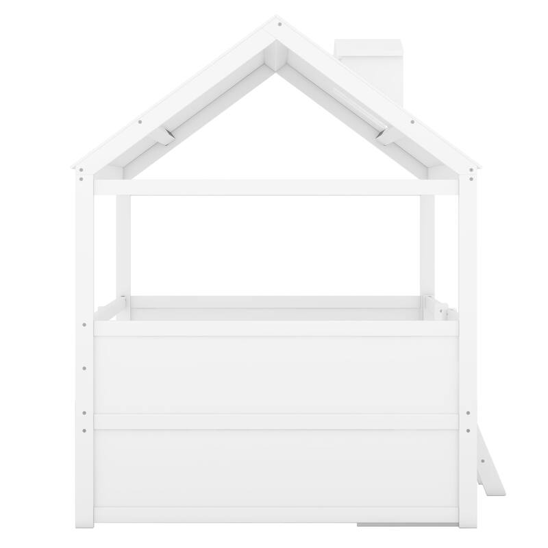 Twin/Full Size Wooden Platform Bed with 4 Drawers and Shelf, Pinewood House Bed Frame with Roof Skylights and Guardrail
