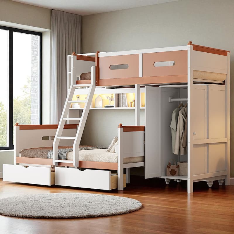 Twin Over Full Wooden Bunk Bed with Wardrobe, Drawers, Shelves & LED Light, White and Orange Finish