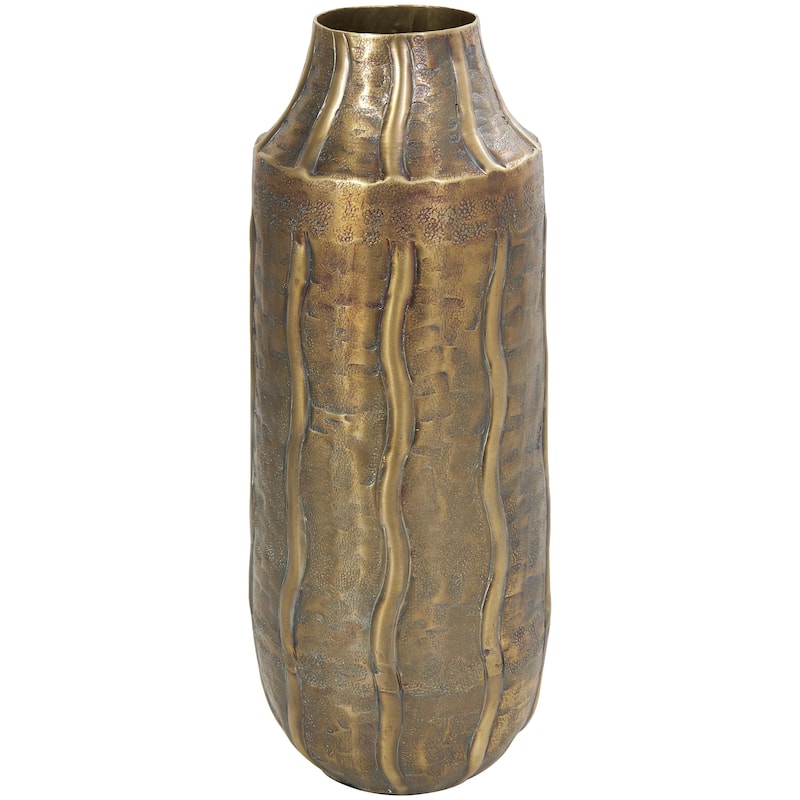 Metal Snakeskin Inspired Decorative Vase with Dimensional Wavy Accents - Brass - Roche River Decor - Brass - 6"W, 14"H
