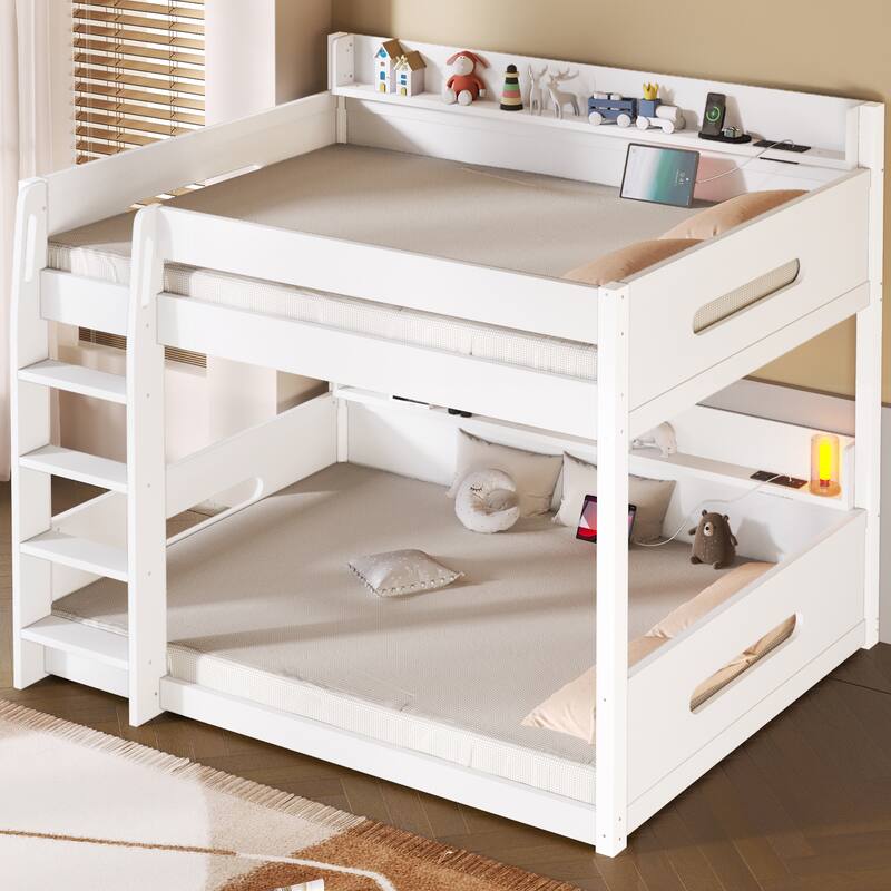 Queen over Queen Bunk Bed with Storage Shelves & Built-in USB Ports, Heavy Duty Metal Frame