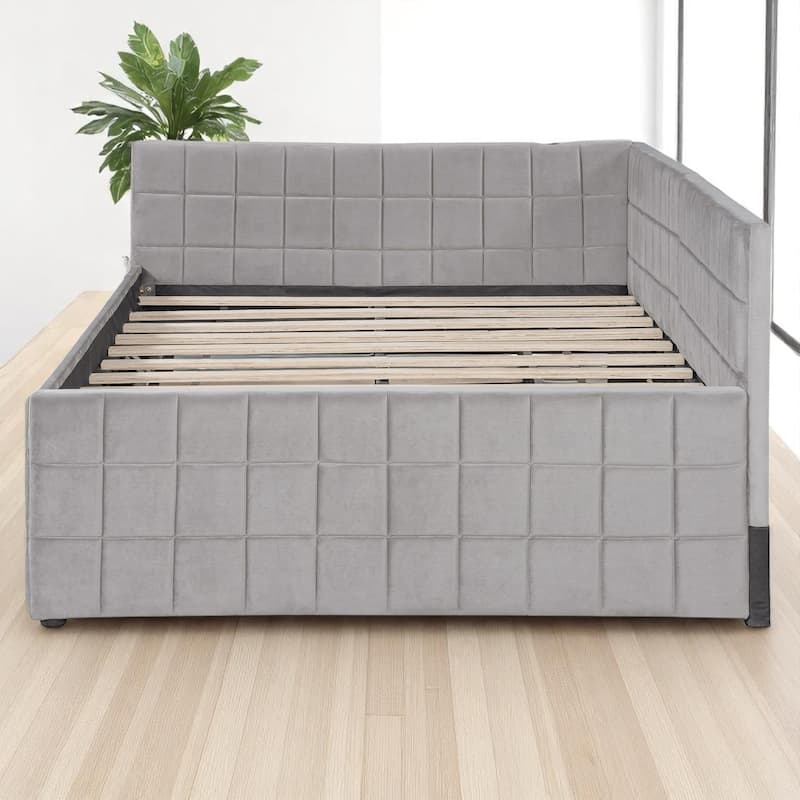 Full Size Upholstered L-Shaped Daybed with Twin Pop-Up Trundle and USB Charging Ports