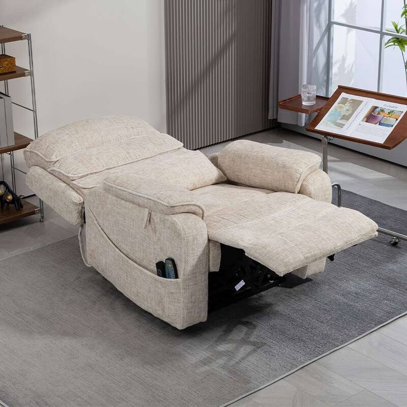 Dual Motor Oversized 180° Lay Flat Chenille Power Lift Recliner Chair with Retractable Tray, Wireless Charge