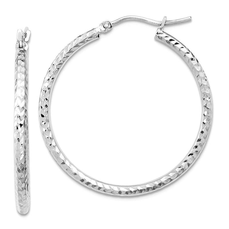 Curata 10k White Gold Full Diamond-cut Cut 2mm Round Tube Hoop Earrings - 20mm 30mm 36mm 40mm - 30mm