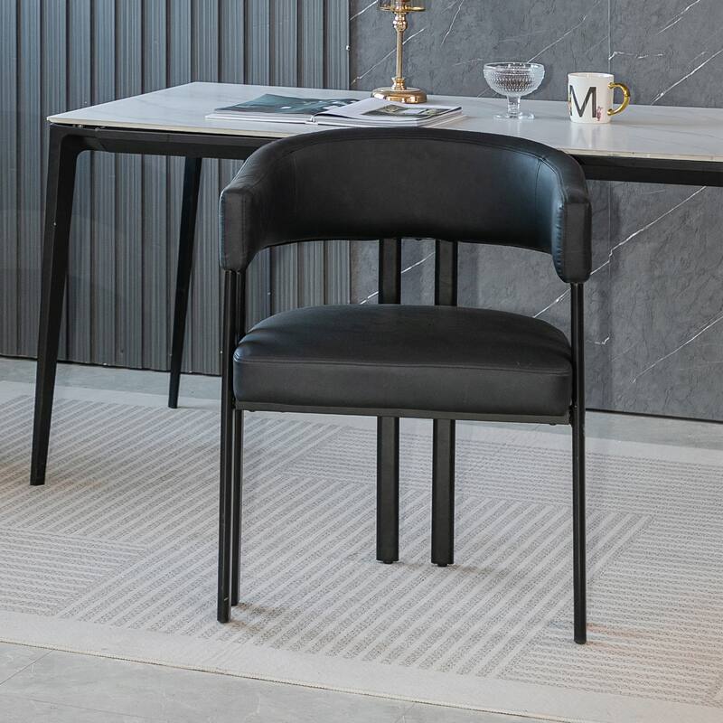 Modern Dining Chairs Set of 2, Faux Leather Upholstered Barrel Chairs with Integrated Curved Back And Armrests, Metal Frame