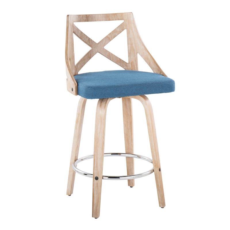 The Gray Barn Charlotte 26" Fixed-Height Counter Stool with Bent Wood Legs (Set of 2) - Blue Fabric/White Washed Wood/Chrome Footrest