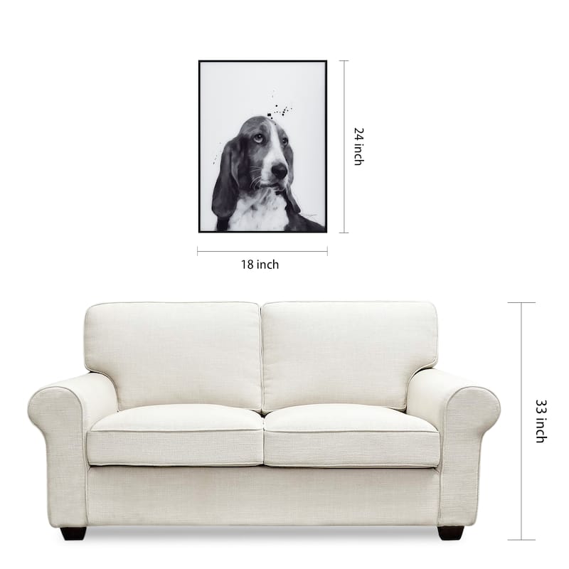"Basset Hound" Black and White Pet Paintings on Printed Glass Encased with a Black Anodized Frame