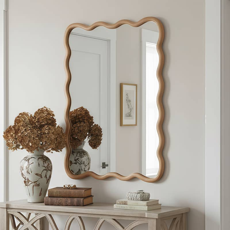 Wavy Rectangle Solid Wood Frame Decorative Mirror Modern Farmhouse Wall Mirror For Bedroom Bathroom Living Room Entryway