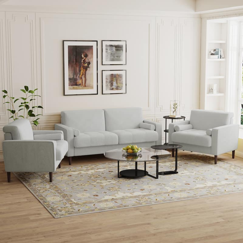 3-Piece Corduroy Tufted Club Armchair and Loveseat Set for Living Room - Beige