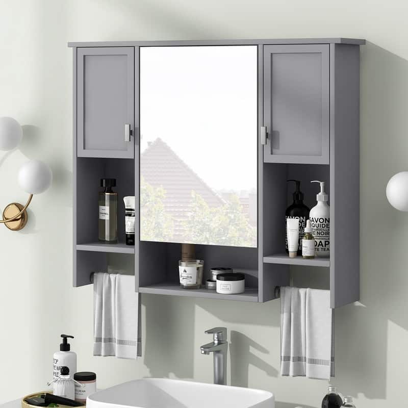 35" x 28" Modern Bathroom Mirror Cabinet with Towel Bar - Wall Mounted Storage & Vanity Mirror
