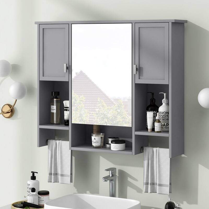 Grondin Modern Style Bathroom Wall Mounted Medicine Cabinet with Mirror Door, Towel Bars and Open Storage Shelves