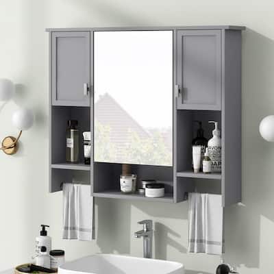 Grondin Modern Style Bathroom Wall Mounted Medicine Cabinet with Mirror Door, Towel Bars and Open Storage Shelves