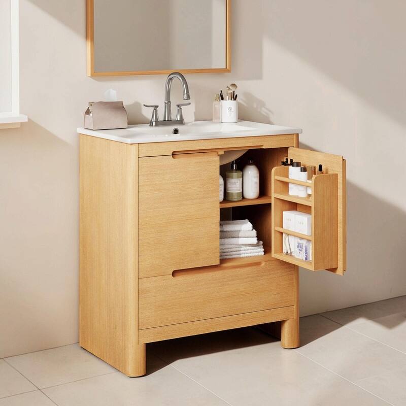 30 Inch Modern Bathroom Vanity with Ceramic Sink, Natural Wood Grain Cabinet, Solid Wood Frame - Oak