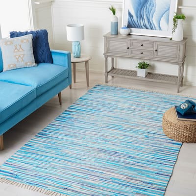 SAFAVIEH Handmade Rag Rug Velija Casual Stripe Cotton Rug - Turquoise/Multi - 6' x 9'