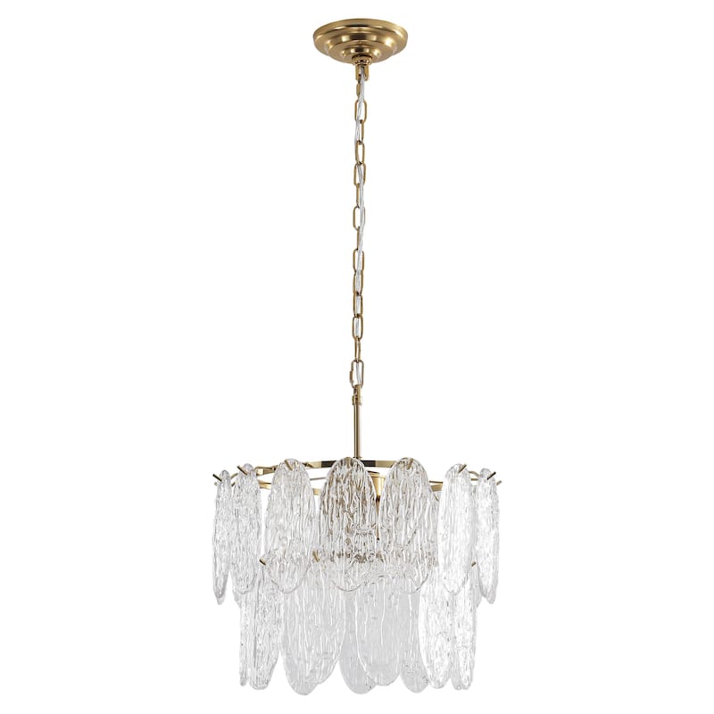 15.7" 2-Light Modern Luxury Gold Handmade Clear Textured Leaf-Shaped Glass Tiered Chandelier for Living Room, Dining Room