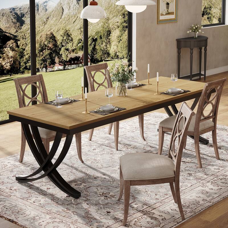78" Large Rectangular Dining Table, Farmhouse Solid Wood Top Kitchen Table for Dining/Living Room - LightBrown+Black
