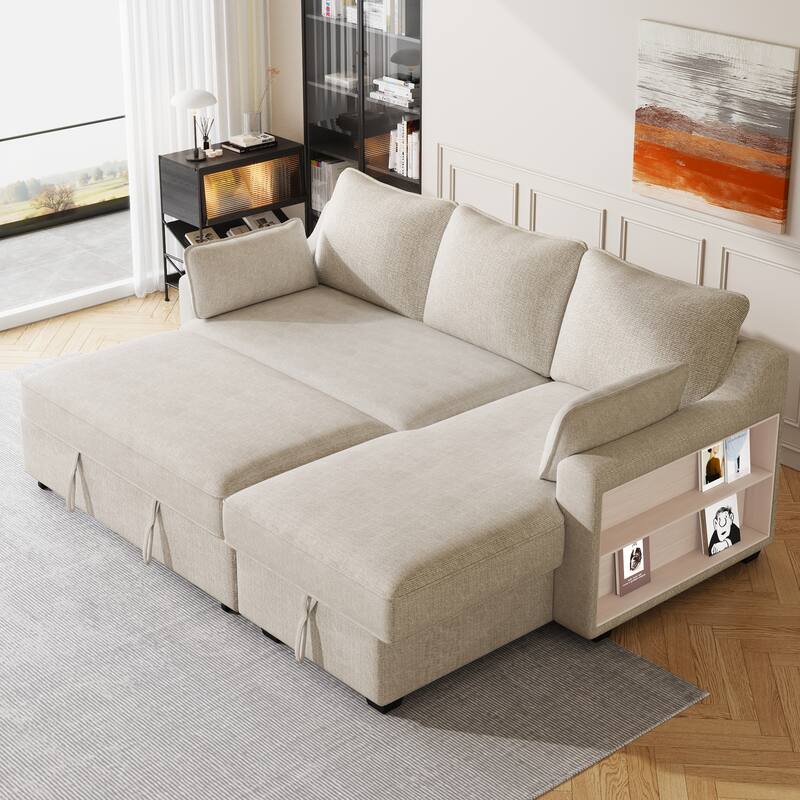90" Convertible Sleeper Sofa with Storage Chaise, USB Ports, Storage Racks for Compact Spaces - Beige